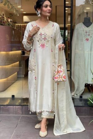 Roman Silk Embroidered Suit Set with Cowry & Sequence Work – Exclusive Festive Collection
