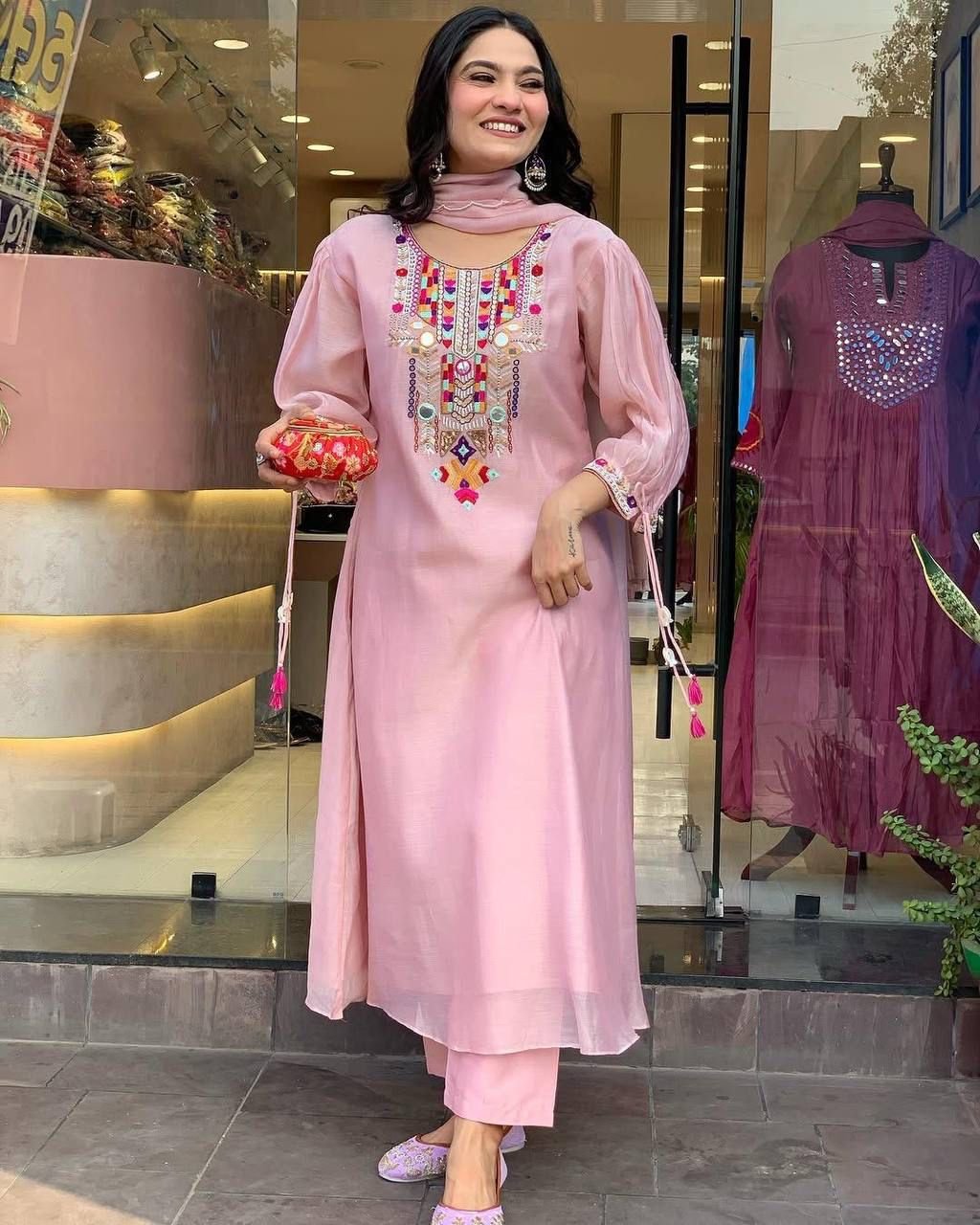 Premium Chanderi Mirror Work Kurti Set – Elegant Festive & Formal Wear (Available in 3 Colors)