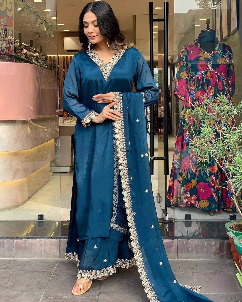 Festival Collection 2025 – Roman Satin Suit Set with Heavy Sequence & Embroidered Dupatta (3-Piece Set)