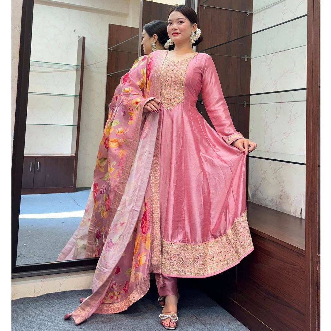 Pastel Pink Roman Silk Embroidered Suit Set with Floral Dupatta – Exclusive Festive Collection