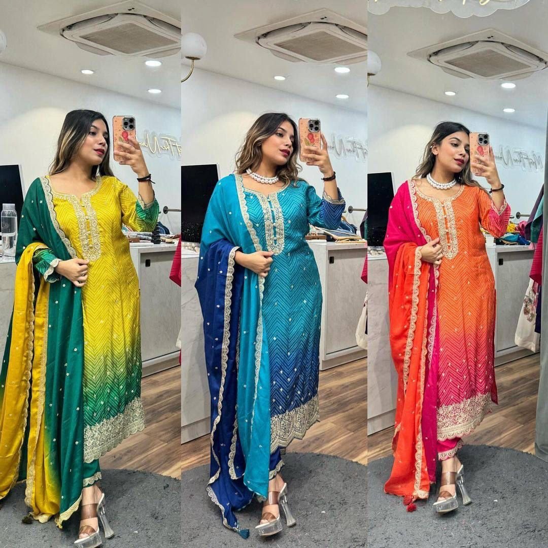Festival Collection 2025 – Chinon Bandhani Suit Set with Sequin Coding & Gota Patti Work (3-Piece Set)