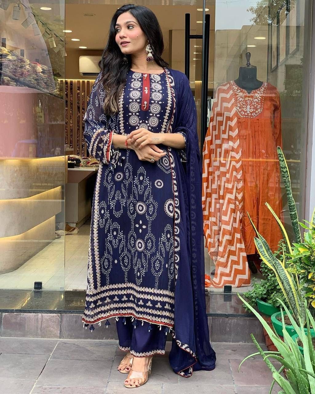 Exclusive Navy Blue Embroidered Kurta Set with Stone Work & Dupatta – Elegant Ethnic Wear