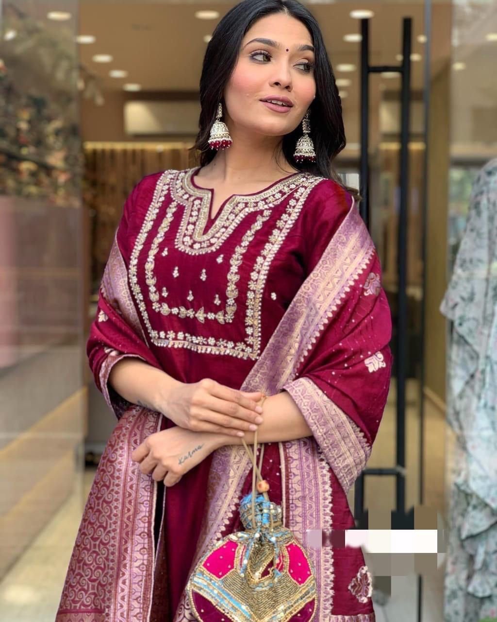 Heavy Roman Silk Embroidered Suit Set with Jacquard Zari Dupatta – 3 Piece Stitched